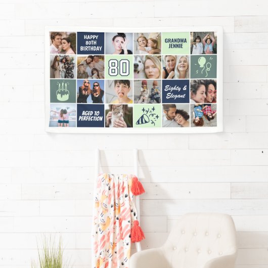 80th Birthday Photo Collage Custom Mint Blue Spandoek (Insitu)