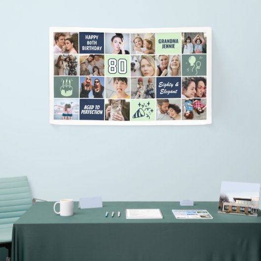 80th Birthday Photo Collage Custom Mint Blue Spandoek (Beurs)