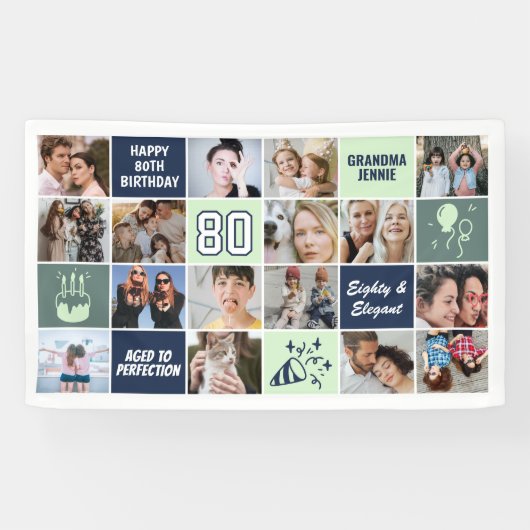 80th Birthday Photo Collage Custom Mint Blue Spandoek (Horizontaal)