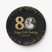 80th Birthday Photo Elegant Black Gold Glitter Papieren Bordje (Voorkant)