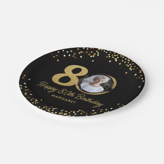 80th Birthday Photo Elegant Black Gold Glitter Papieren Bordje (Gekanteld)
