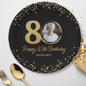 80th Birthday Photo Elegant Black Gold Glitter Papieren Bordje