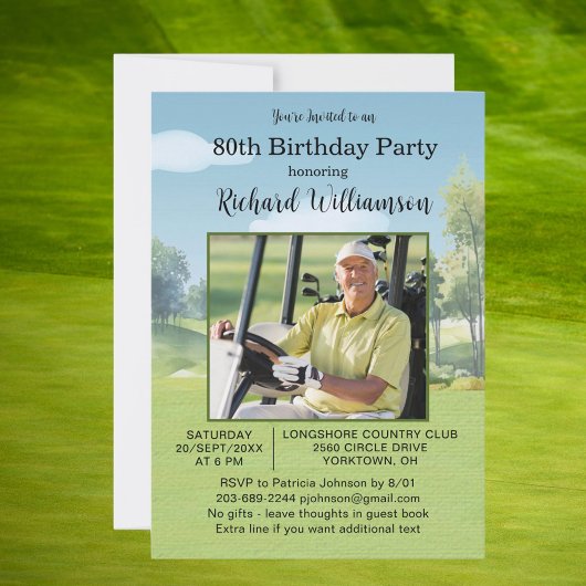 80th Birthday Photo Watercolor Golf Theme Kaart
