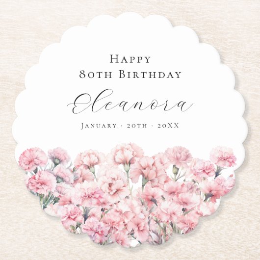 80th Birthday Pink Carnation January Birth Flower Kartonnen Onderzetters (Voorkant)