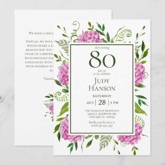 80th Birthday Pink Hydrangeas Card Request Kaart (Voorkant / Achterkant)