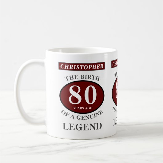 80th Birthday Red Genuine Legend Jouw naam toevoeg Koffiemok (Links)