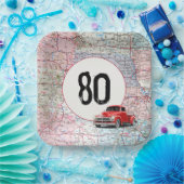 80th Birthday Red Retro Truck op Road Map Papieren Bordje (Feest)