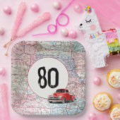 80th Birthday Red Retro Truck op Road Map Papieren Bordje (Feest)