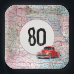 80th Birthday Red Retro Truck op Road Map Papieren Bordje<br><div class="desc">Rode retro-vrachtwagen op Amerikaanse wegatlas voor het 80ste verjaardagsfeest. De ouderdom van de geboorte kan veranderen.</div>