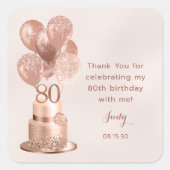 80th Birthday Roos Gold Cake Dank u Vierkante Sticker (Voorkant)