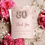 80th Birthday roos Gold Stars Dank u kaart<br><div class="desc">Een bedankje voor een 80ste verjaardag. Een roos gouden gradiënt achtergrondkleur. Met roos gouden druppelende stralende sterren. Voorzijde: nummer 80 geschreven met een ballonstijl lettertype,  groot donker roos goudkleurig handschrift en de tekst: Thank You,  jouw tekst,  titel en een datum. Terug: Personaliseer en voeg uw bedankbriefje en naam toe.</div>