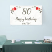 80th Birthday Script Waterverf Roos Floral Party Spandoek (Beurs)