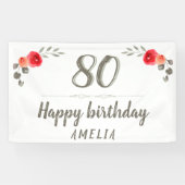 80th Birthday Script Waterverf Roos Floral Party Spandoek (Horizontaal)