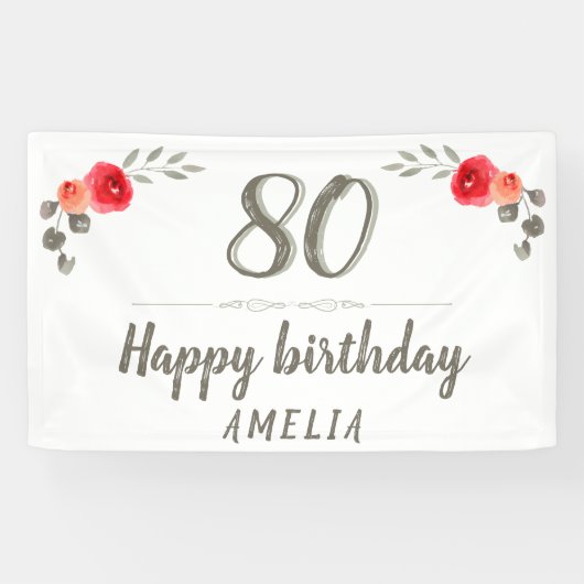 80th Birthday Script Waterverf Roos Floral Party Spandoek (Horizontaal)