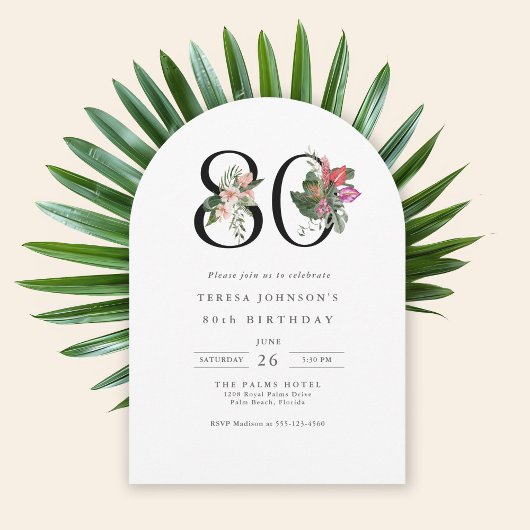 80th Birthday Simple Elegant Tropical Invitation Kaart