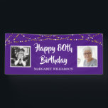 80th Birthday String Lights Foto Name Paars Spandoek<br><div class="desc">Viel om het even welke die leeftijdsverjaardag (voor een 80e wordt getoond) met dit bannerteken van de douanekleur met 2 foto's (misschien DAN en NU afbeeldingen) van het verjaardagsman of de vrouw met een grens van goud en witte koordlichten en uw douanebericht in uw keus van doopvontstijl en kleur (getoond...</div>