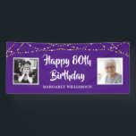 80th Birthday String Lights Foto Name Paars Spandoek<br><div class="desc">Viel om het even welke die leeftijdsverjaardag (voor een 80e wordt getoond) met dit bannerteken van de douanekleur met 2 foto's (misschien DAN en NU afbeeldingen) van het verjaardagsman of de vrouw met een grens van goud en witte koordlichten en uw douanebericht in uw keus van doopvontstijl en kleur (getoond...</div>