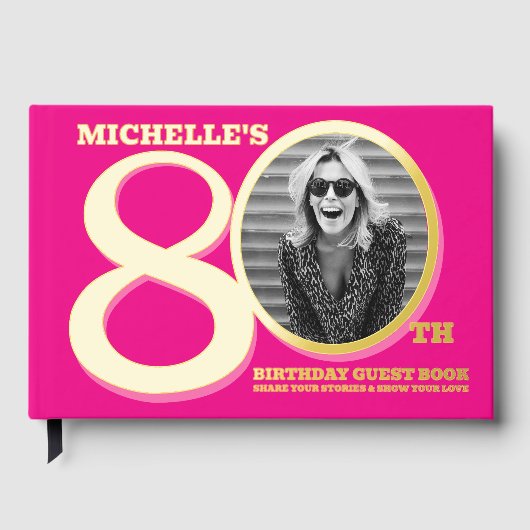80th birthday two photos hot pink gold gastenboek (Voorkant)