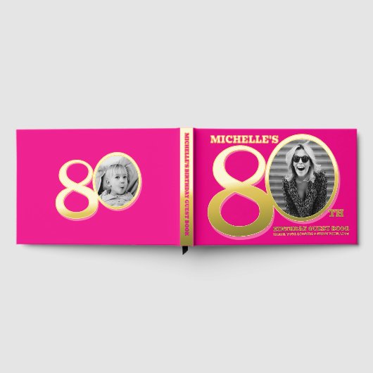 80th birthday two photos hot pink gold gastenboek (Volledig)