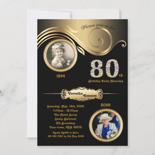 80th, Birthday Woman 80th, art deco, zwart goud Kaart (Voorkant)