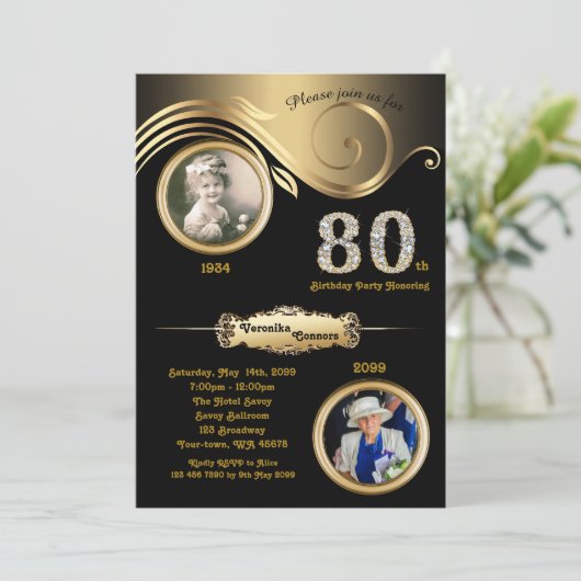 80th, Birthday Woman 80th, art deco, zwart goud Kaart (Staand voorkant)