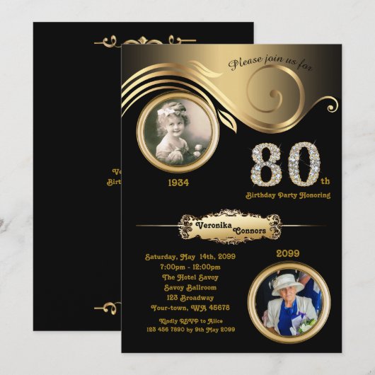 80th, Birthday Woman 80th, art deco, zwart goud Kaart (Voorkant / Achterkant)