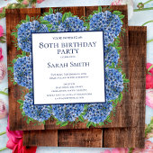 80th Birthday Wood Blue Hydrangeas Rustic Party Kaart