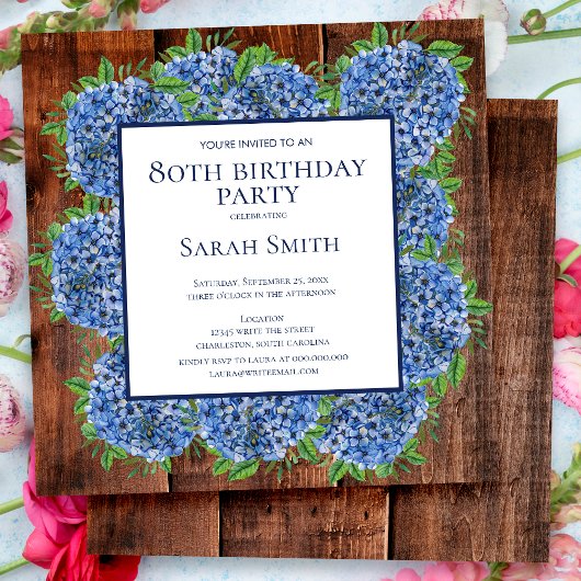 80th Birthday Wood Blue Hydrangeas Rustic Party Kaart