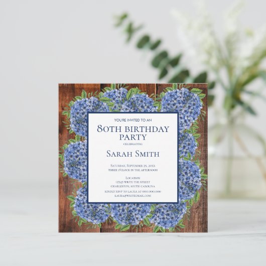 80th Birthday Wood Blue Hydrangeas Rustic Party Kaart (Staand voorkant)