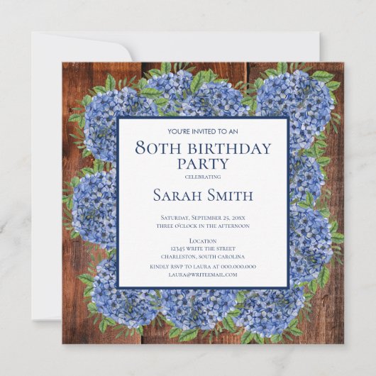80th Birthday Wood Blue Hydrangeas Rustic Party Kaart (Voorkant)