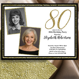 80th Custom 2 Photo White Black and Gold  Kaart