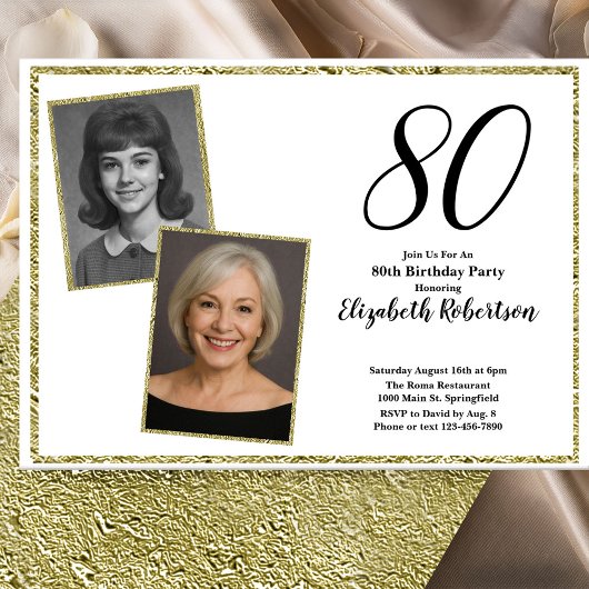 80th Custom Photo White and Gold Kaart
