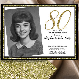 80th Custom Photo White Black and Gold  Kaart