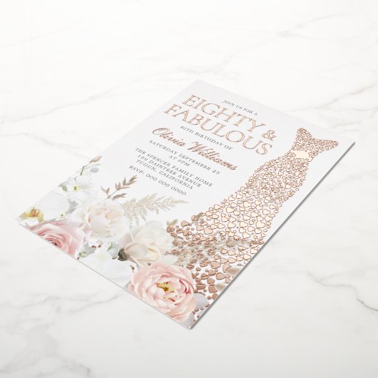 80th & Fabulous 80th Verjaardagsfeestje Roos Gold Folie Uitnodiging (Gedraaid)