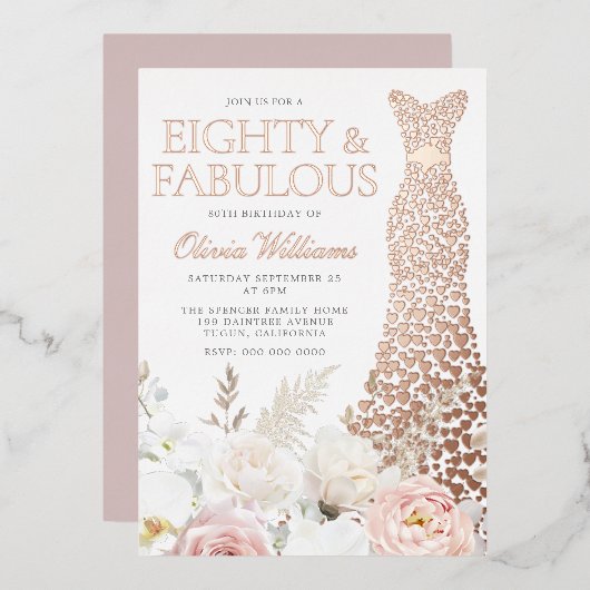 80th & Fabulous 80th Verjaardagsfeestje Roos Gold Folie Uitnodiging (Voorkant / Achterkant)