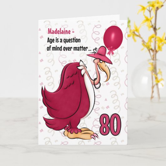 80th Funny Birthday Pink Buzzard met Name Kaart (Gele Bloem)