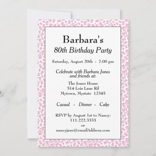 80th Party Roze/Wit Willekeurig Getal Patroon Kaart (Voorkant)