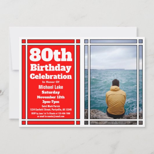 80th Red Photo Birthday Invitation Kaart (Voorkant)