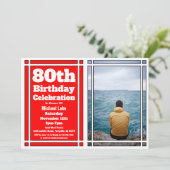80th Red Photo Birthday Invitation Kaart (Staand voorkant)