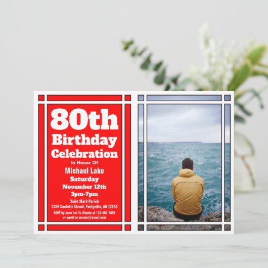 80th Red Photo Birthday Invitation Kaart (Staand voorkant)