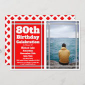 80th Red Photo Birthday Invitation Kaart (Voorkant / Achterkant)