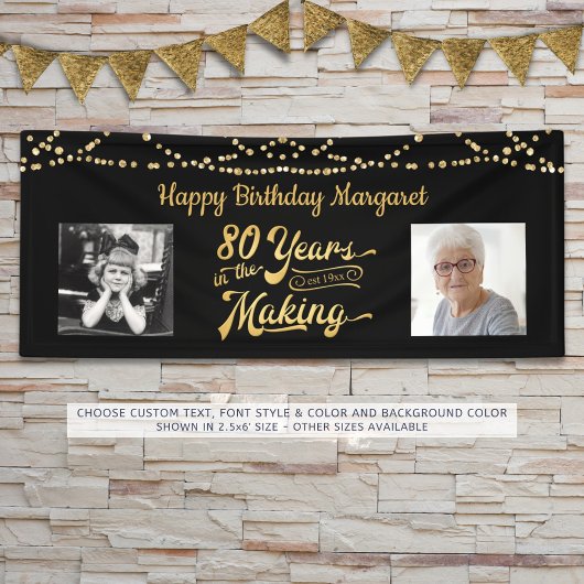 80th Verjaardag Zwart Goud String Lights Foto's Spandoek