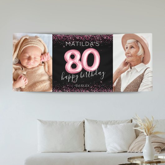 80th Zwart Roze Gelukkige Verjaardag Foto Banner
