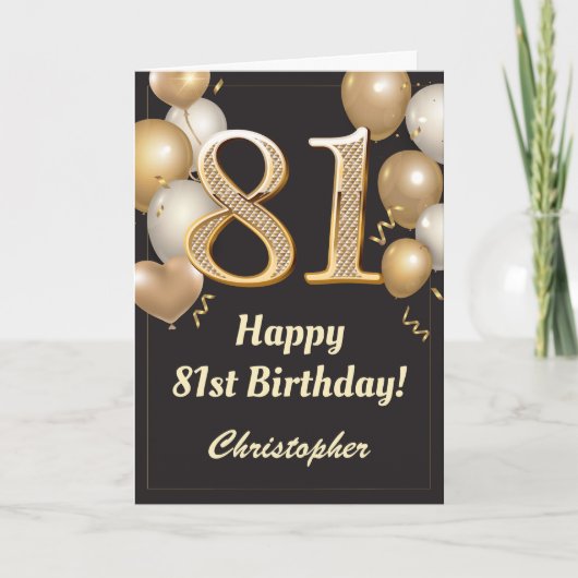 81e Birthday Black en Gold Balloons Confetti Kaart (Voorkant)
