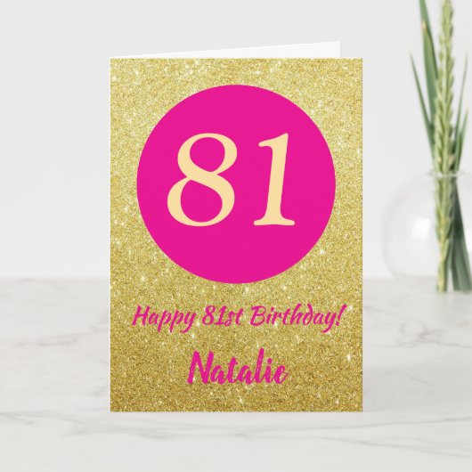 81e Happy Birthday Hot Pink en Gold Glitter Kaart (Voorkant)