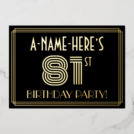 81e verjaardag — Art Deco Style "81" + Naam Folie Uitnodiging (Voorkant)