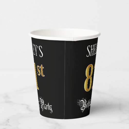 81e verjaardag — Fancy script, Faux Gold look Papieren Bekers (Rechts)