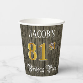 81e verjaardag — Faux Gold & Faux Wood Papieren Bekers