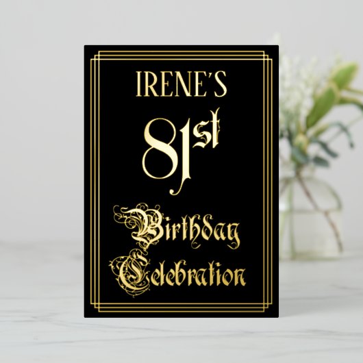 81e verjaardag Partij — Fancy Manuscript & de Naam Folie Uitnodiging (Staand Voorkant)