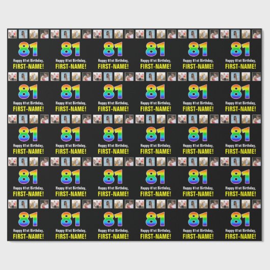 81e verjaardag: Regenboog "81"; Aangepaste foto's  Cadeaupapier (Vlak)